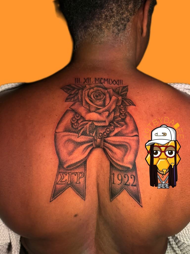 Black & Grey + Floral rose tattoo on Upper Back by Artbydabee on TattMe