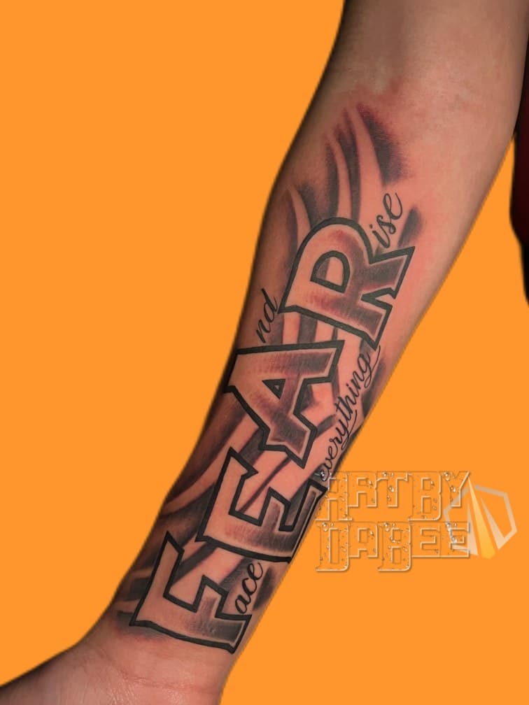 Lettering + Script words tattoo on Forearm by Artbydabee on TattMe