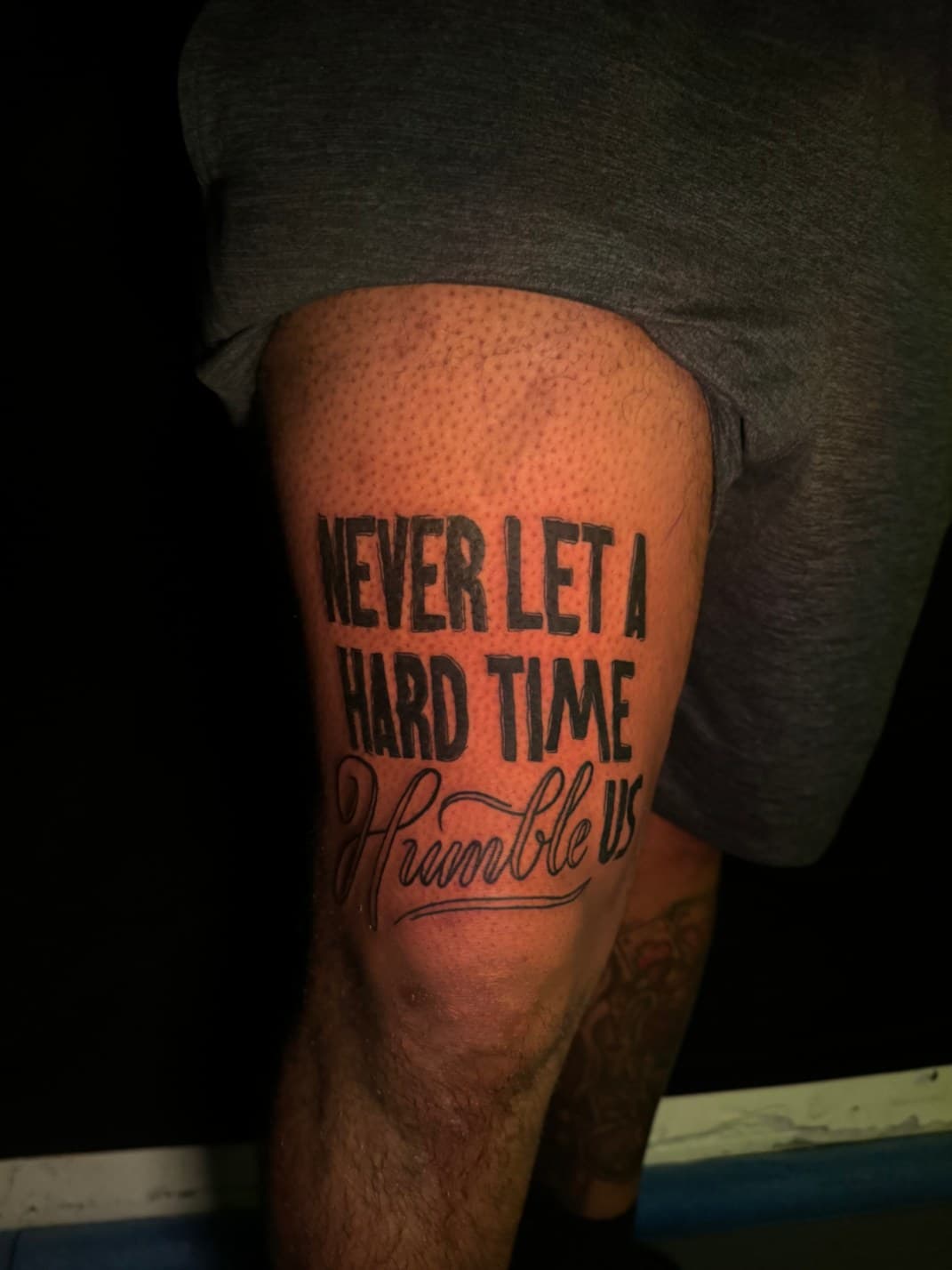 Lettering + Script quote tattoo on Thigh by Artbydabee on TattMe