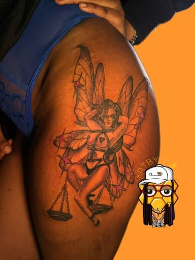 Fine Line + Black & Grey fairy tattoo on Hip by Artbydabee on TattMe