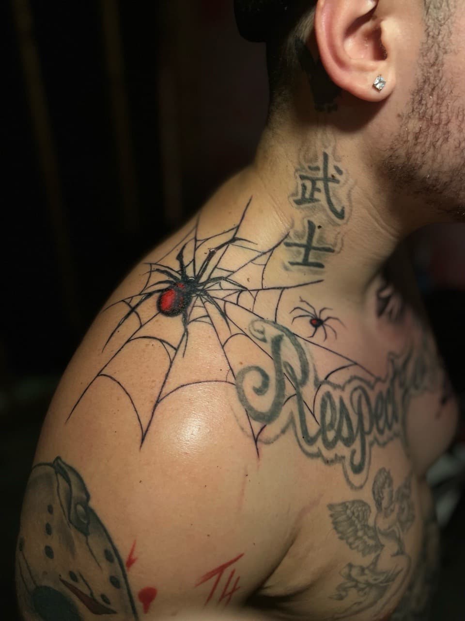 Black & Grey + Lettering spider tattoo on Shoulder by Pain_Ink on TattMe