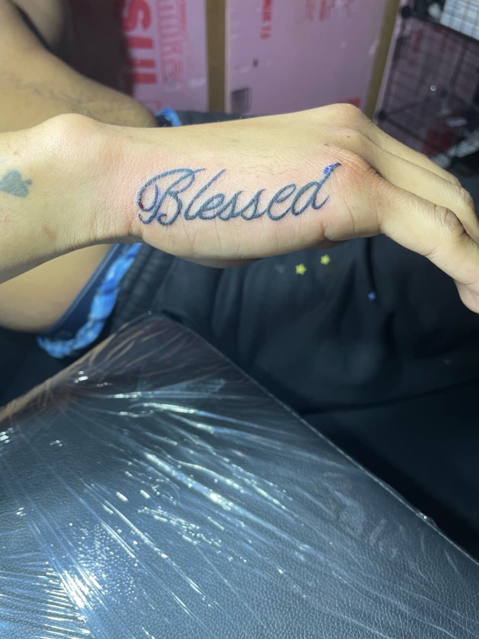 Lettering + Script blessed tattoo on Hand by Pain_Ink on TattMe