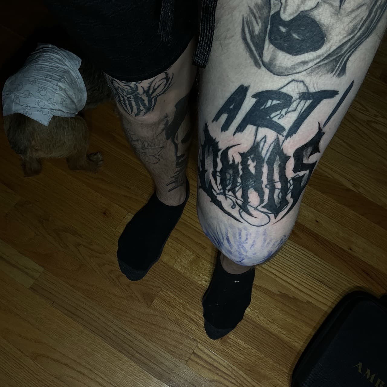 Lettering + Black-work blackwork tattoo on Knee by Pain_Ink on TattMe