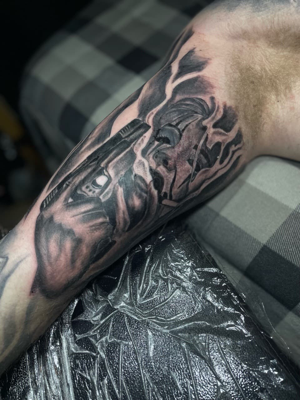 Black & Grey + Realism gun tattoo on Upper Arm by Pain_Ink on TattMe