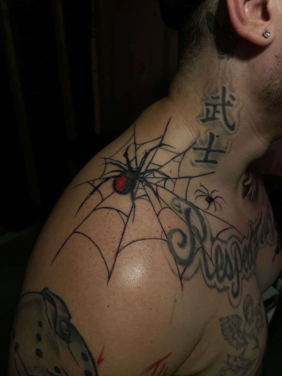 Line-work + Black & Grey spiders tattoo on Shoulder by Pain_Ink on TattMe