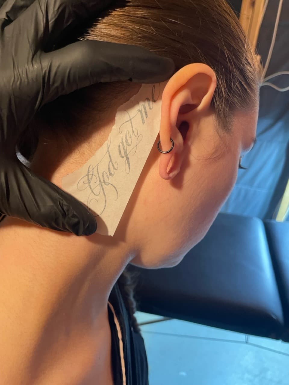 Script + Lettering phrase tattoo on Behind Ear by Pain_Ink on TattMe