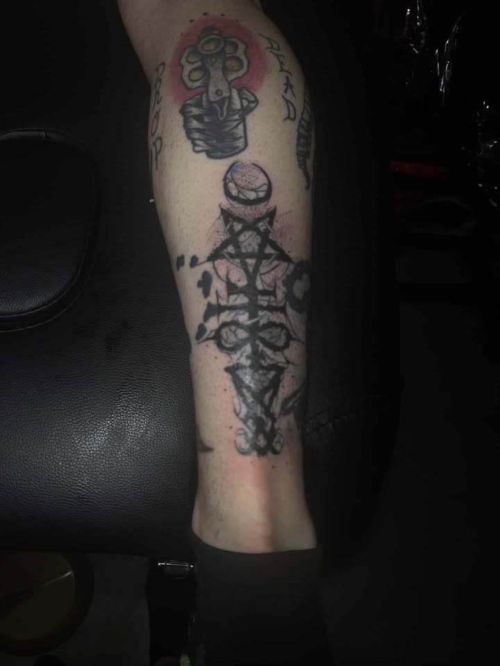 Black-work + Abstract splatter tattoo on Calf by Pain_Ink on TattMe
