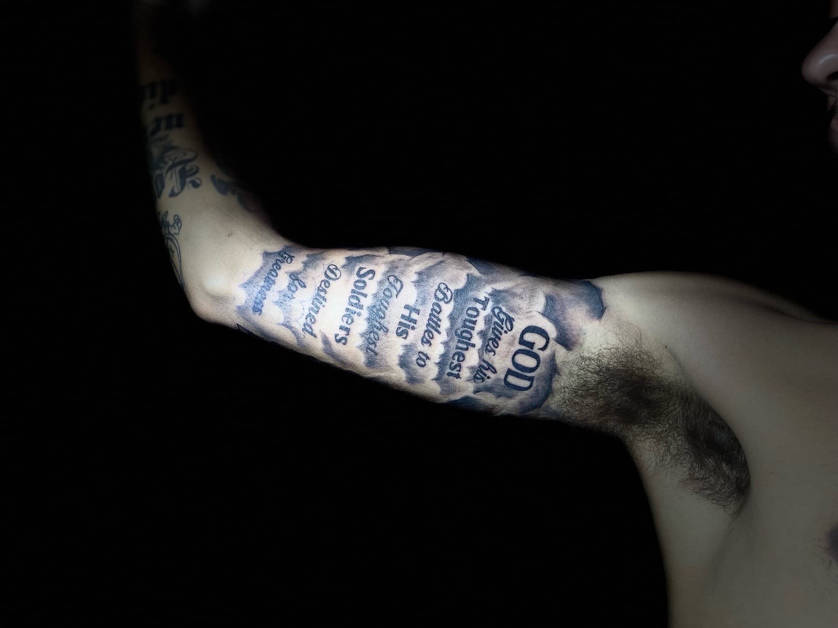 Lettering + Script clouds tattoo on Upper Arm by Pain_Ink on TattMe