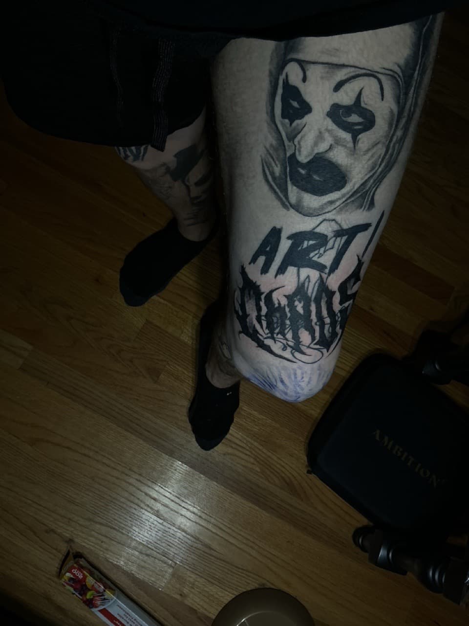 Black & Grey + Lettering mask tattoo on Thigh by Pain_Ink on TattMe