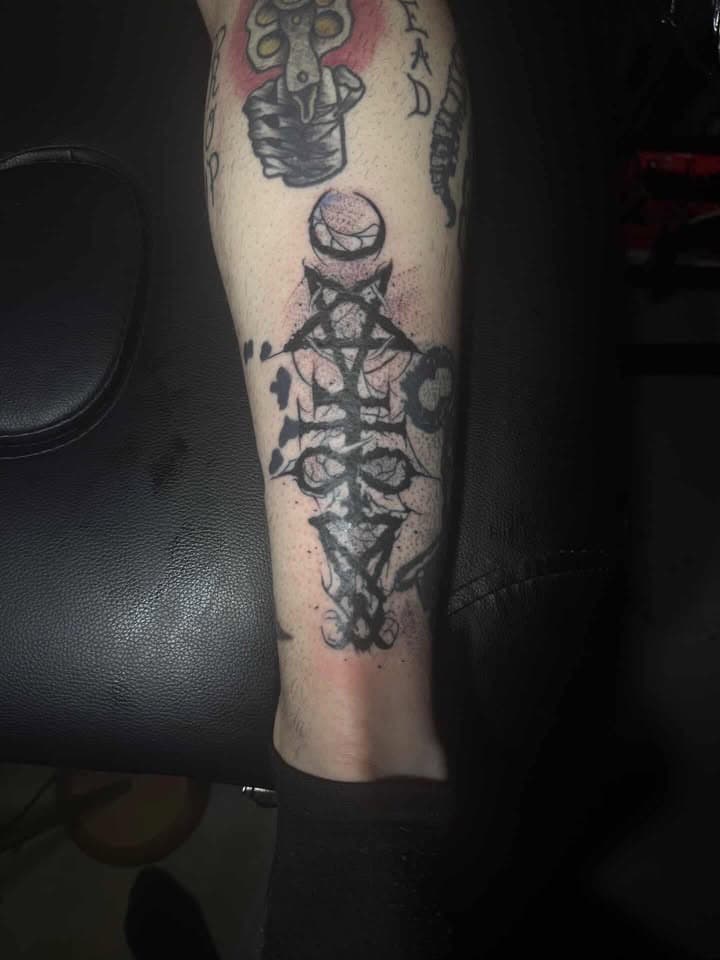 Black-work + Abstract pentagram tattoo on Calf by Pain_Ink on TattMe