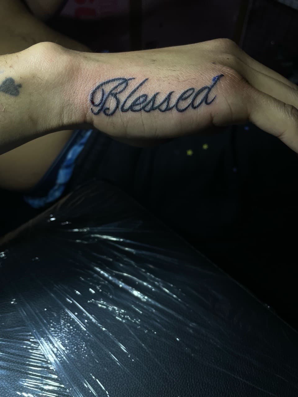 Lettering + Script blessed tattoo on Hand by Pain_Ink on TattMe