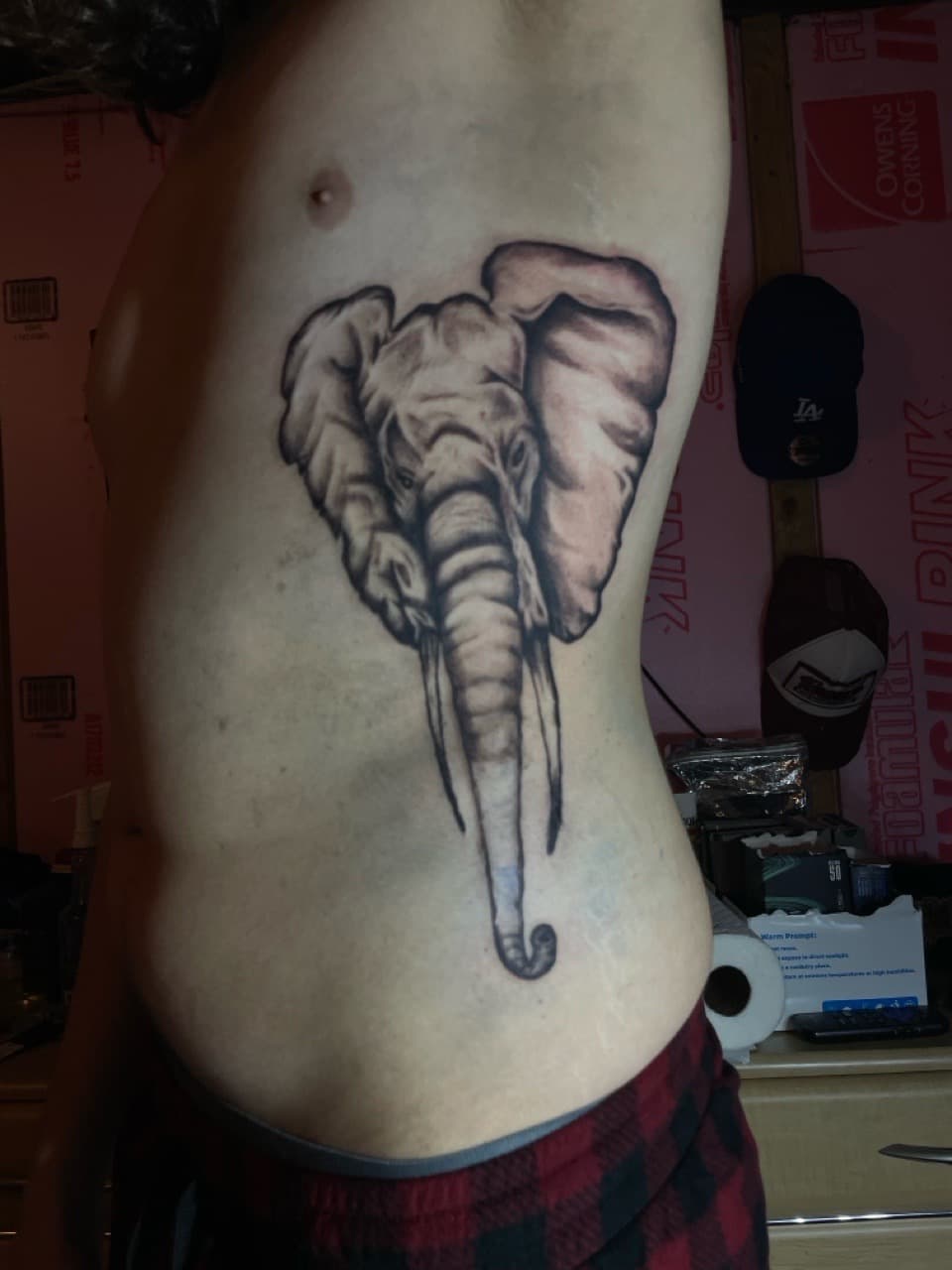 Black & Grey + Illustrative elephant tattoo on Ribs by Pain_Ink on TattMe