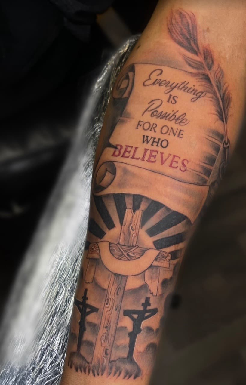 Black & Grey + Lettering scroll tattoo on Forearm by GREATE_Ink_tattoo_parlor on TattMe