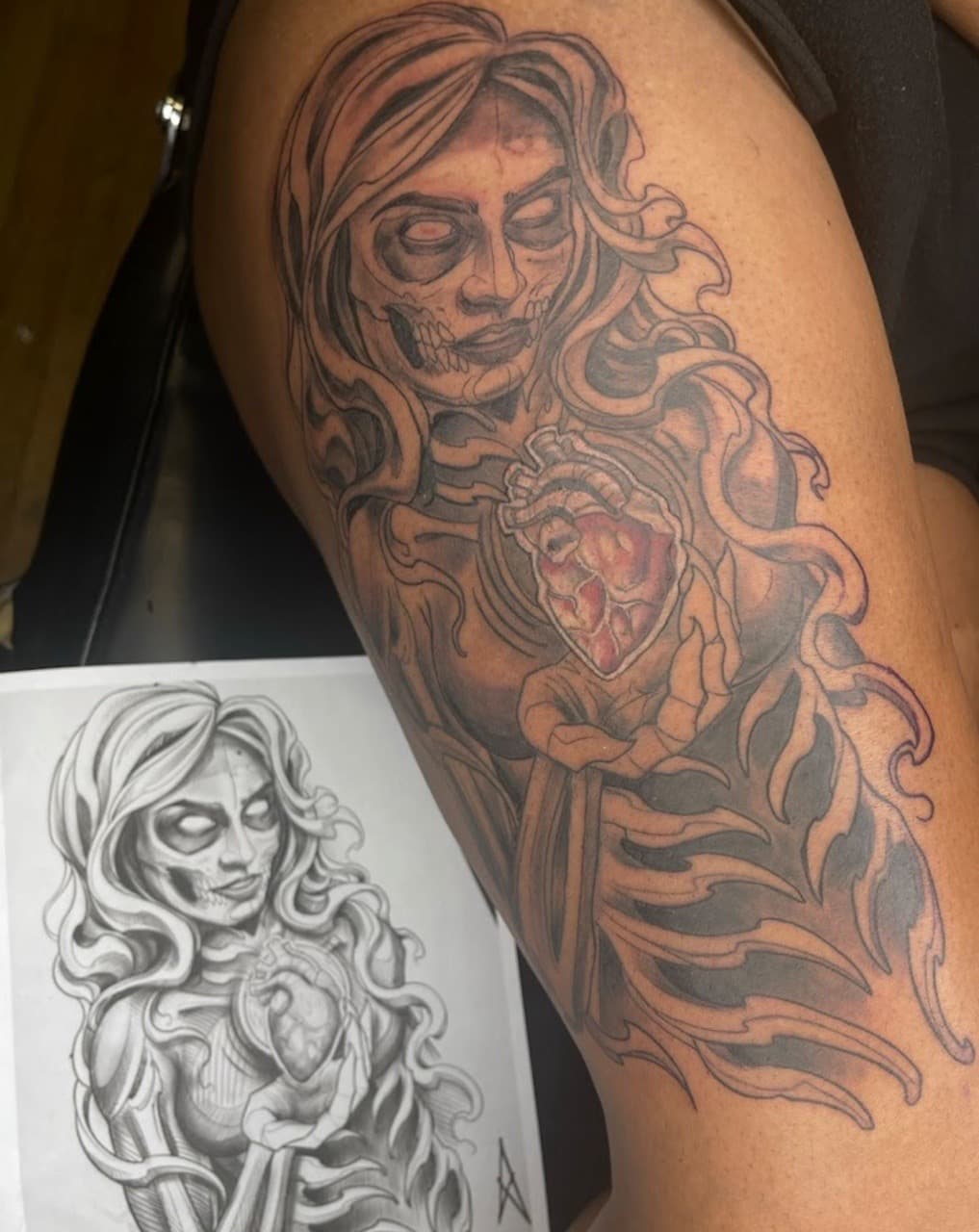 Black & Grey + Illustrative skeletal woman tattoo on Thigh by GREATE_Ink_tattoo_parlor on TattMe