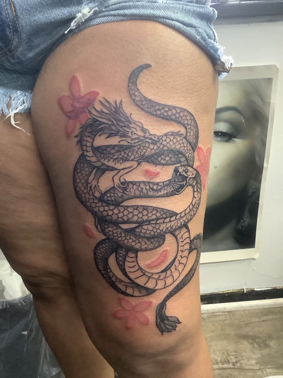 Illustrative + Black-work dragon tattoo on Thigh by Pablo_Bradley on TattMe