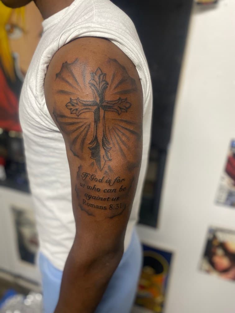 Black & Grey + Lettering cross tattoo on Upper Arm by Pablo_Bradley on TattMe