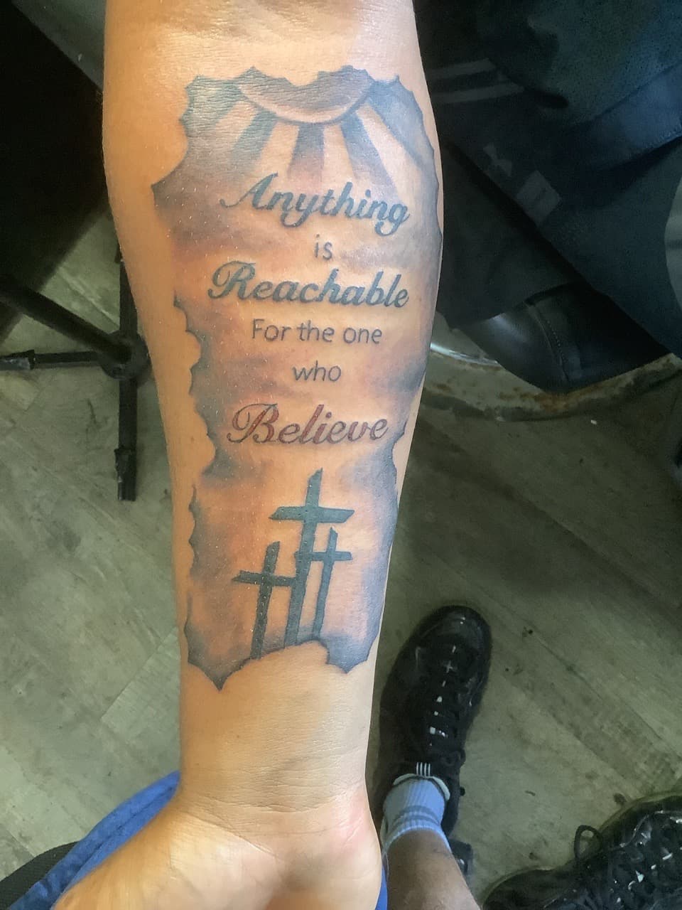 Lettering + Script crosses tattoo on Forearm by Pablo_Bradley on TattMe