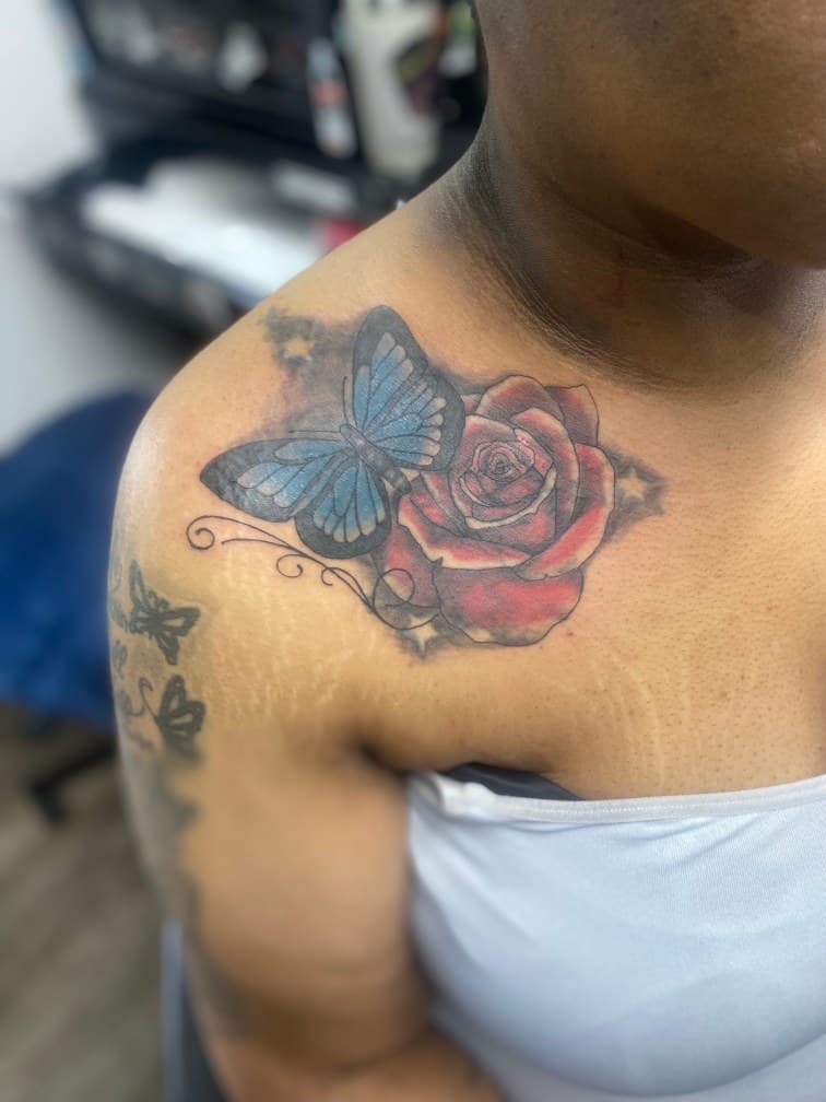 Color + Illustrative butterfly tattoo on Shoulder by Pablo_Bradley on TattMe