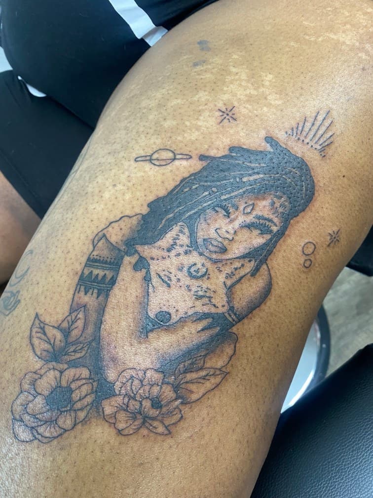 Black & Grey + Illustrative woman tattoo on Thigh by Pablo_Bradley on TattMe