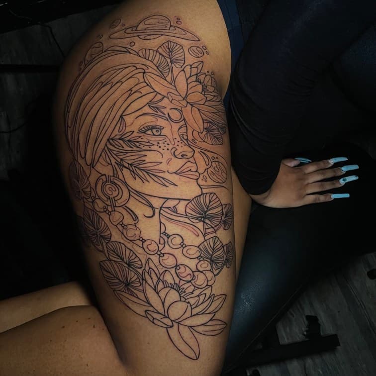 Fine Line + Illustrative woman tattoo on Thigh by Leway_Tattoos on TattMe