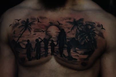 Black & Grey + Illustrative family tattoo on Chest by Leway_Tattoos on TattMe
