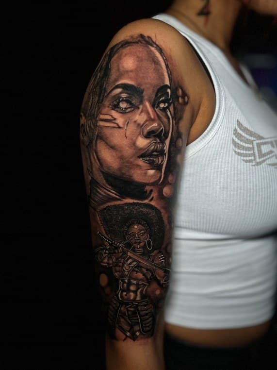 Black & Grey + Realism woman tattoo on Upper Arm by Leway_Tattoos on TattMe