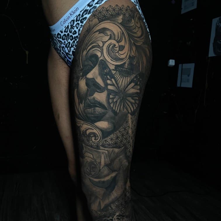 Black & Grey + Realism woman tattoo on Thigh by Leway_Tattoos on TattMe