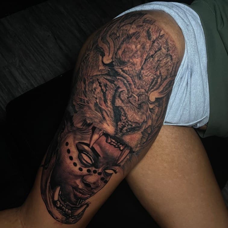 Black & Grey + Realism tiger tattoo on Thigh by Leway_Tattoos on TattMe