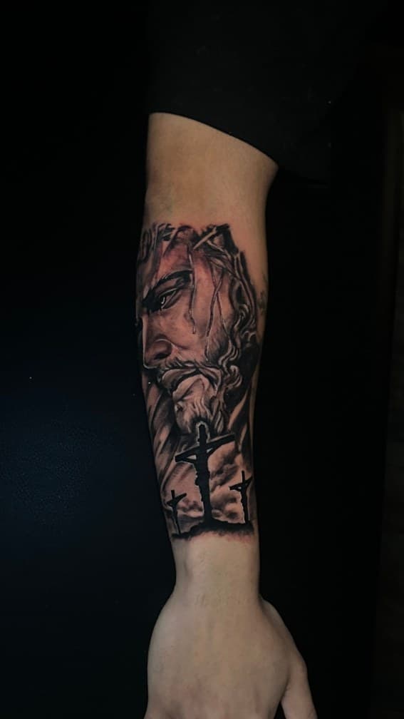Realism + Black & Grey jesus tattoo on Forearm by Leway_Tattoos on TattMe