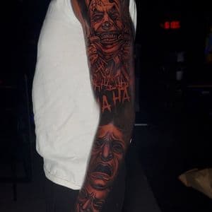 Realism + Black & Grey joker tattoo on Full Sleeve by Leway_Tattoos on TattMe