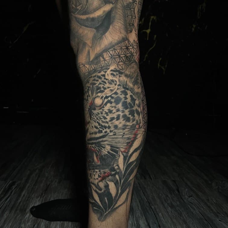 Black & Grey + Realism leopard tattoo on Calf by Leway_Tattoos on TattMe