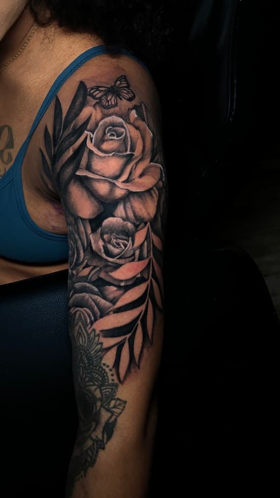 Black & Grey + Floral roses tattoo on Upper Arm by Leway_Tattoos on TattMe