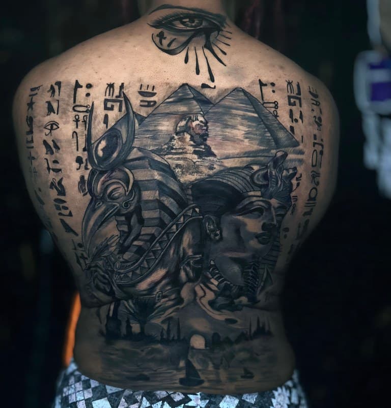 Black & Grey + Illustrative egyptian mythology tattoo on Upper Back by Leway_Tattoos on TattMe