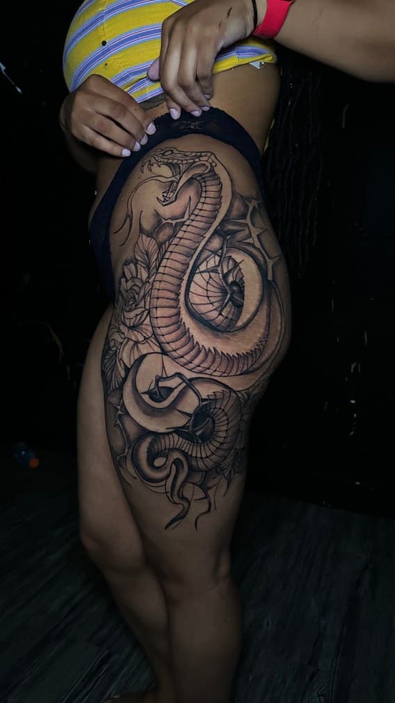 Neo-Traditional + Illustrative snake tattoo on Hip by Leway_Tattoos on TattMe