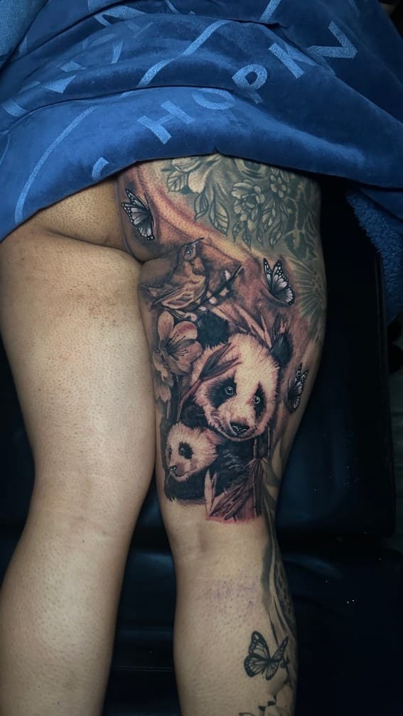 Realism + Black & Grey pandas tattoo on Thigh by Leway_Tattoos on TattMe