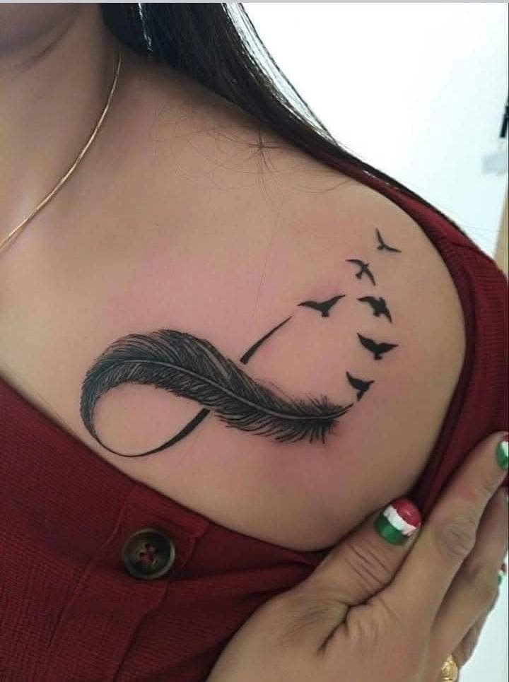 Fine Line + Black & Grey feather tattoo on Shoulder by InkFluenceTat2s on TattMe
