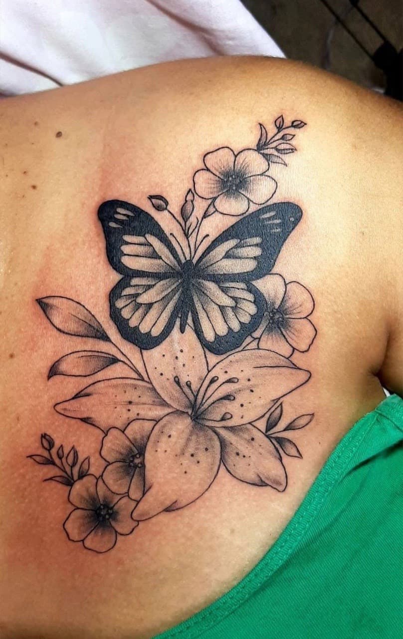 Black & Grey + Floral butterfly tattoo on Shoulder Blade by InkFluenceTat2s on TattMe