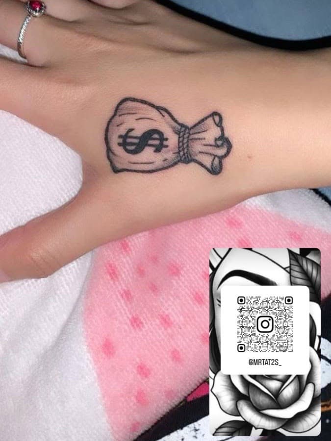 Fine Line + Black & Grey money bag tattoo on Hand by InkFluenceTat2s on TattMe
