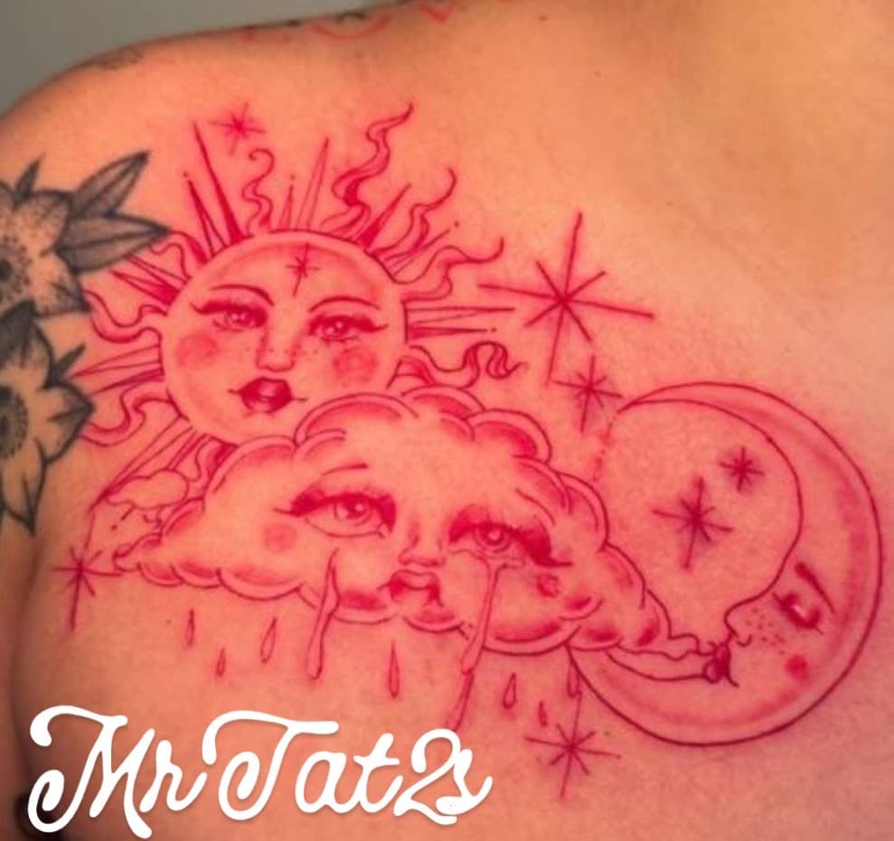 Fine Line + Line-work sun tattoo on Chest by InkFluenceTat2s on TattMe