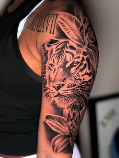 Black & Grey + Realism tiger tattoo on Upper Arm by Kevin_Gray on TattMe