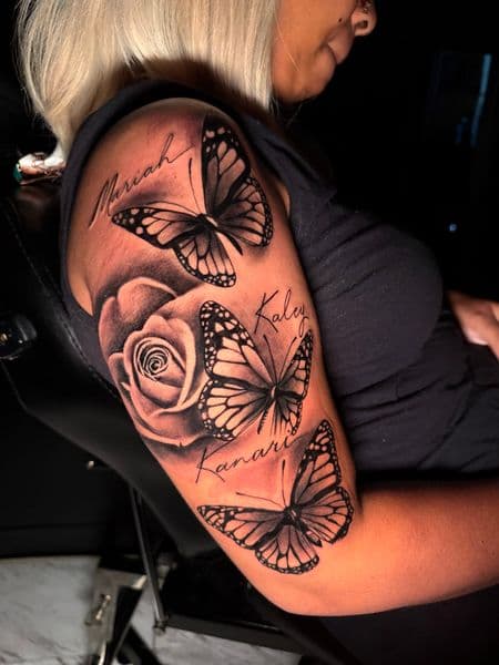 Black & Grey + Realism butterflies tattoo on Upper Arm by Kevin_Gray on TattMe