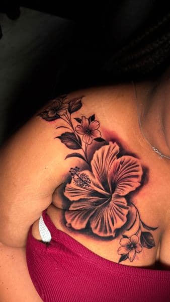 Black & Grey + Floral hibiscus tattoo on Chest by Kevin_Gray on TattMe