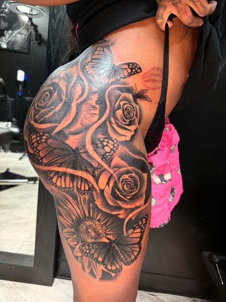Black & Grey + Floral roses tattoo on Hip by Kevin_Gray on TattMe
