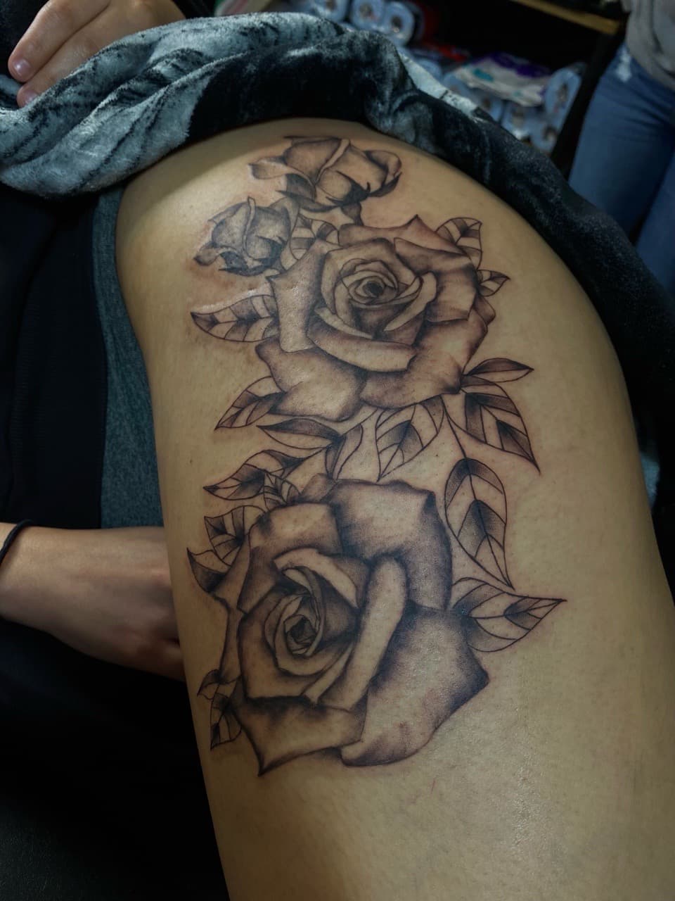 Black & Grey + Floral roses tattoo on Thigh by Pretty_In_Ink on TattMe