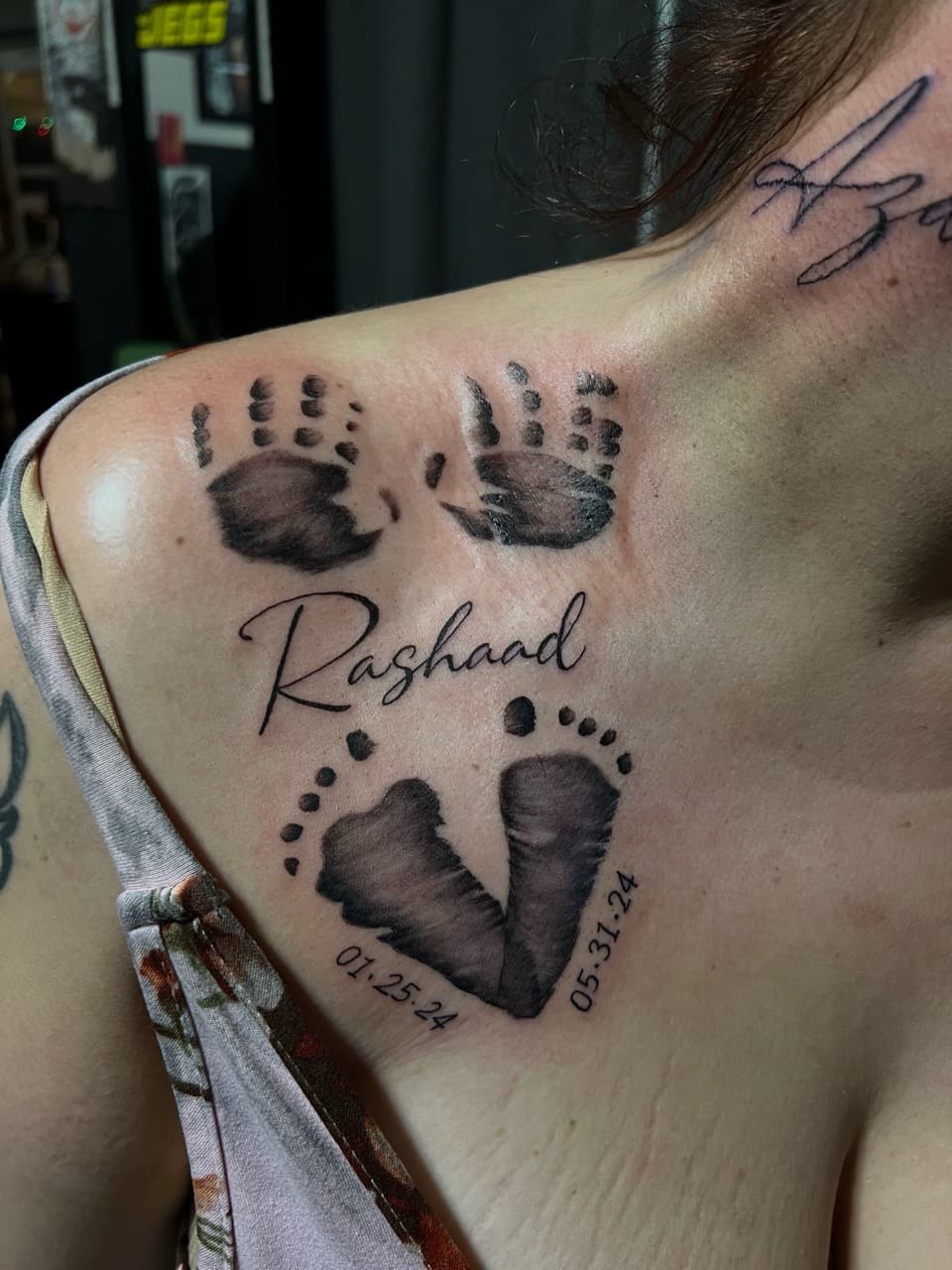 Black & Grey + Script handprints tattoo on Shoulder by Pretty_In_Ink on TattMe