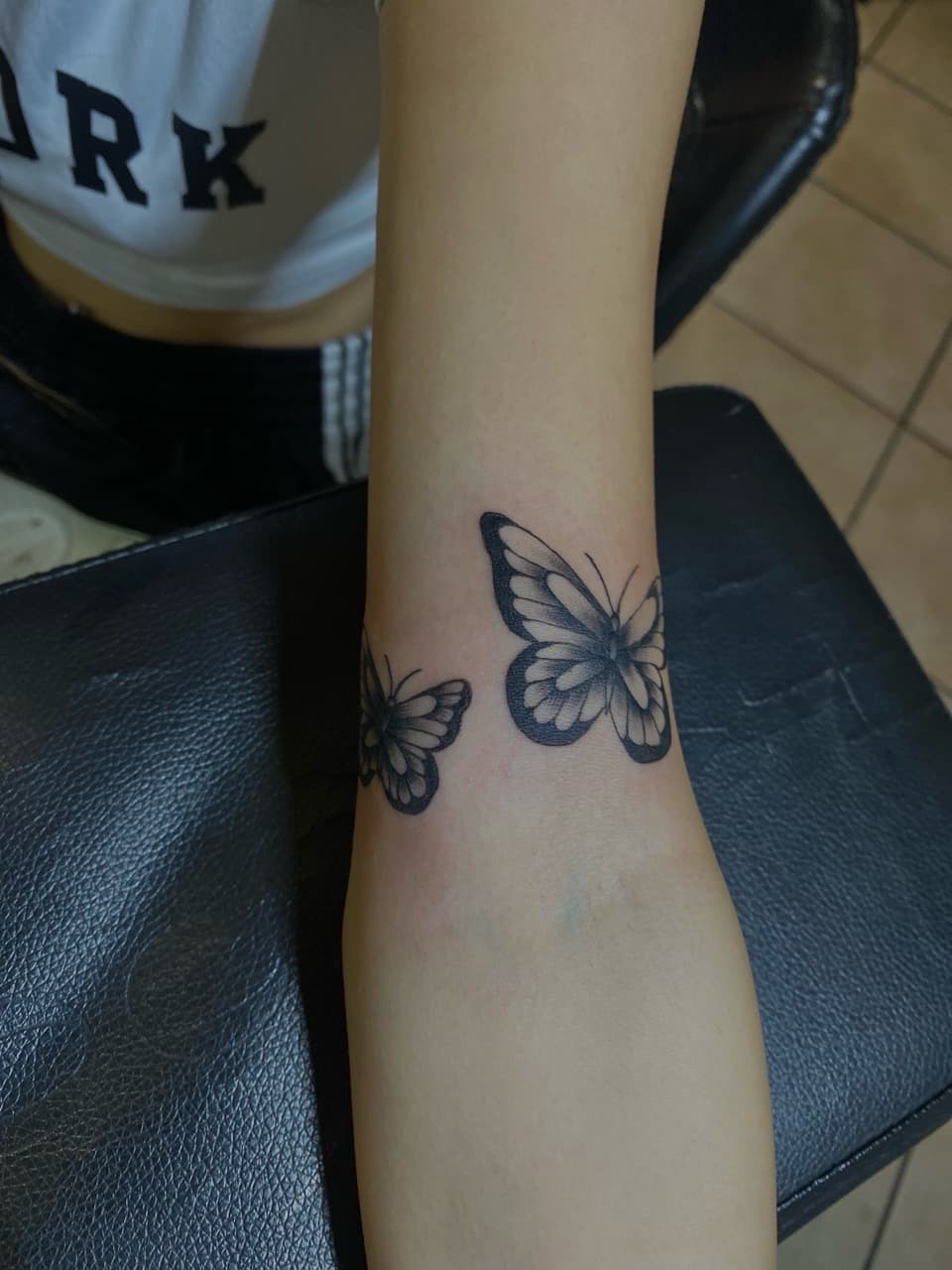Black & Grey + Fine Line butterflies tattoo on Forearm by Pretty_In_Ink on TattMe