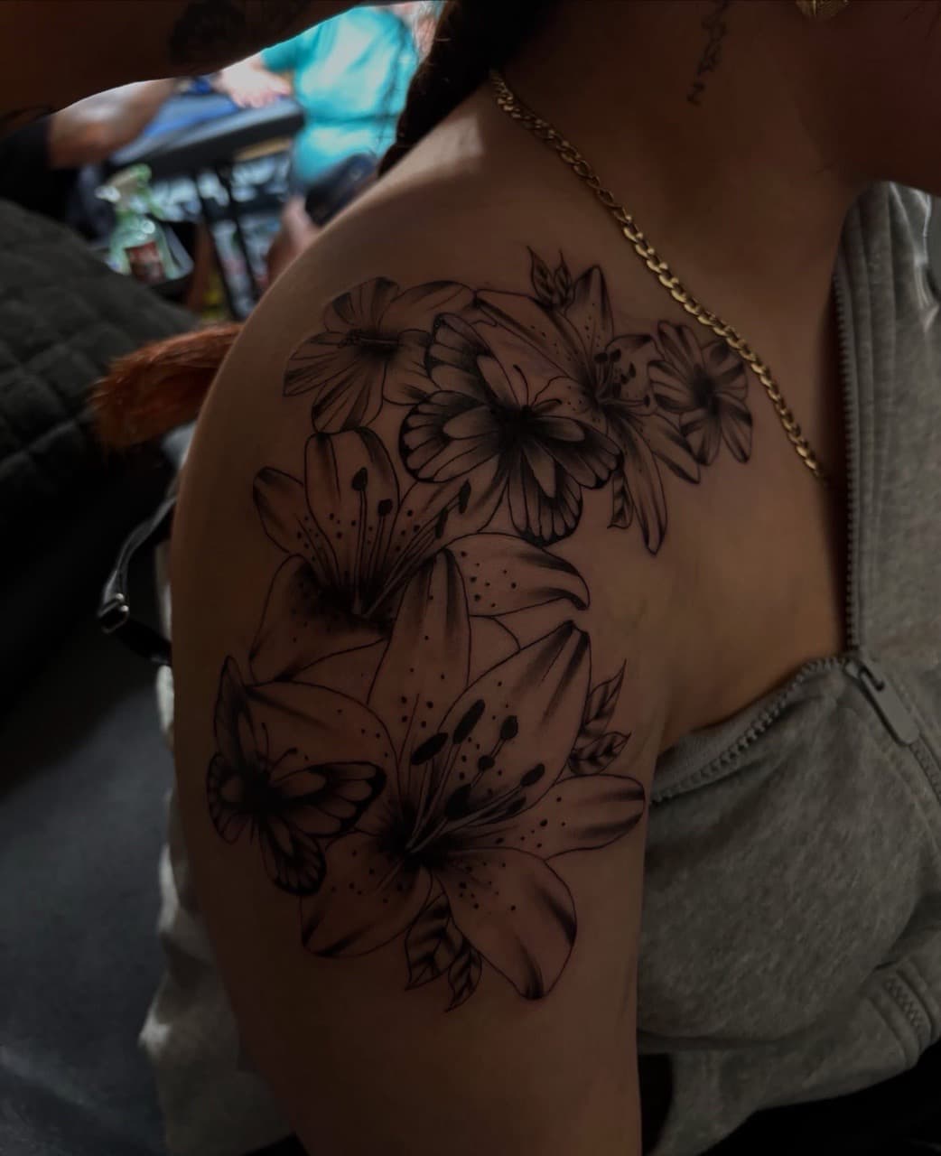 Floral + Fine Line flowers tattoo on Shoulder by Pretty_In_Ink on TattMe