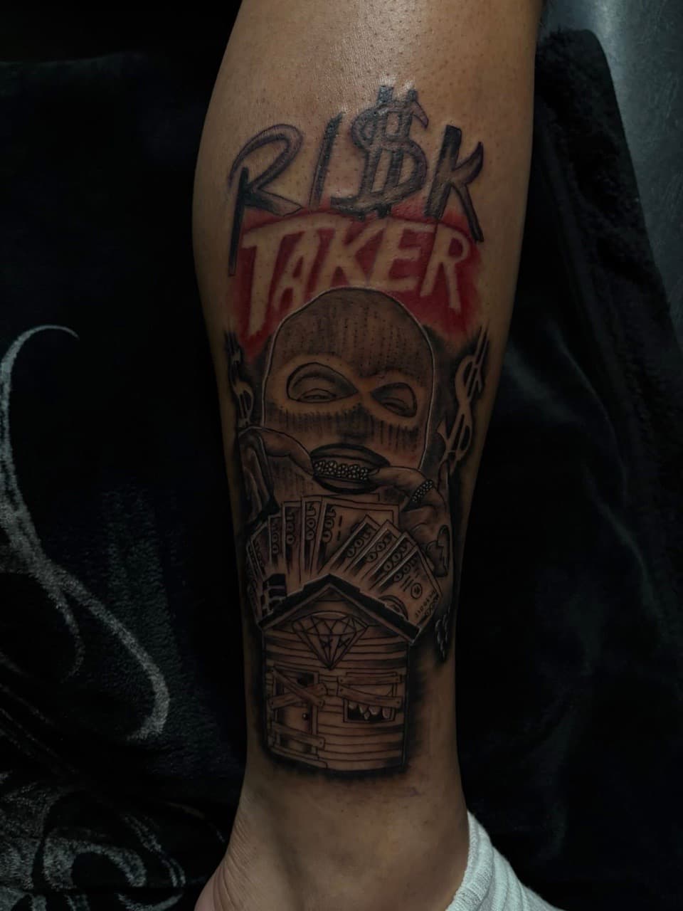 Black & Grey + Lettering balaclava tattoo on Calf by Pretty_In_Ink on TattMe