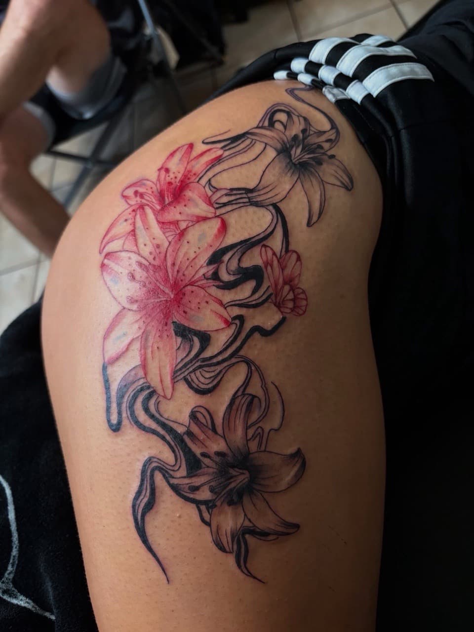 Floral + Color flowers tattoo on Thigh by Pretty_In_Ink on TattMe
