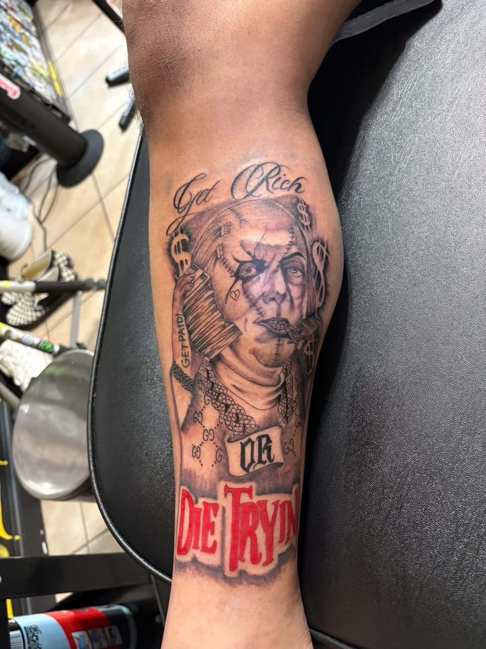Black & Grey + Lettering benjamin franklin tattoo on Calf by Pretty_In_Ink on TattMe